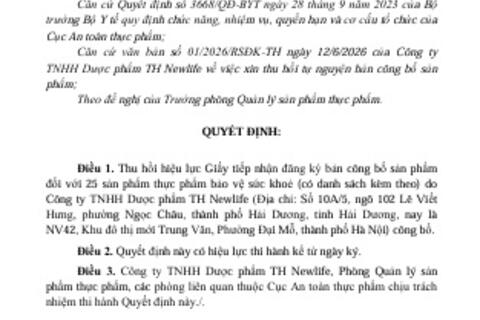 Thông báo thu hồi hiệu lực Giấy tiếp nhận đăng ký bản công bố của sản phẩm thực phẩm bảo vệ sức khoẻ