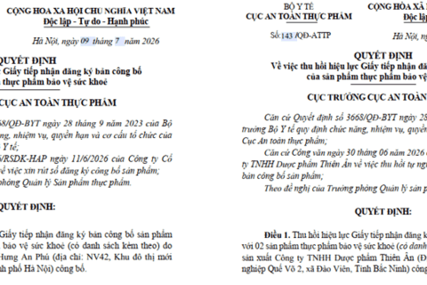 Thu hồi hiệu lực Giấy tiếp nhận đăng ký bản công bố của sản phẩm thực phẩm bảo vệ sức khoẻ